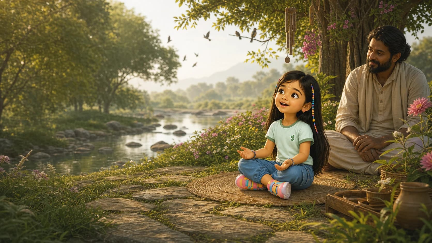 Swati listens beside a flowering river garden.