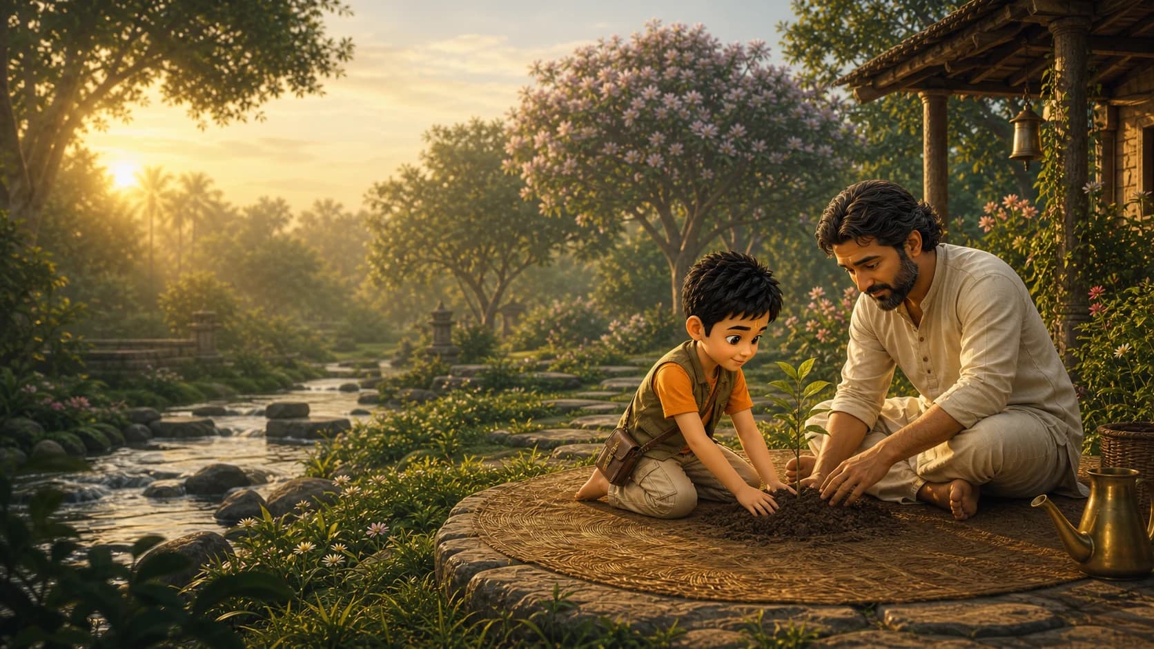 Dhruv tends a young tree beside a Vedic learning grove.