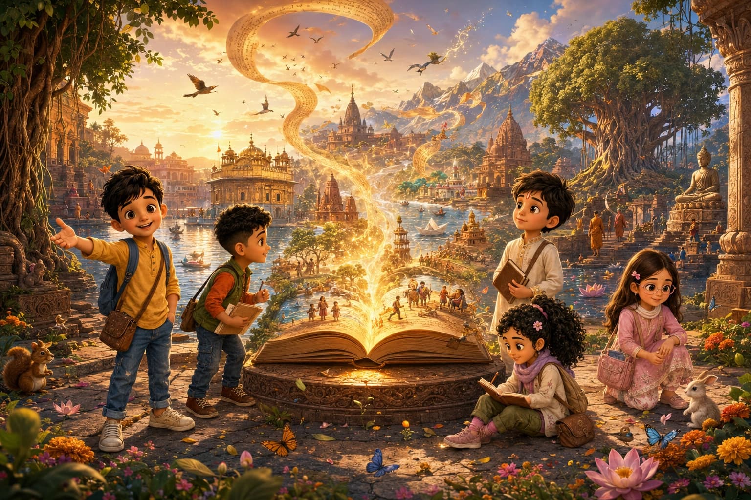 Children discover a glowing storybook as the landscapes and stories of Bharat rise into the morning sky.