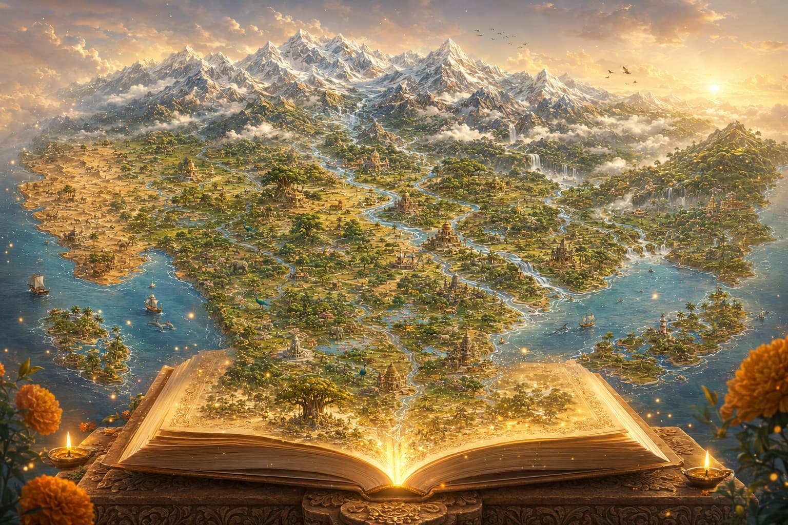 A living portrait of Bharat emerging from the illuminated pages of a book.