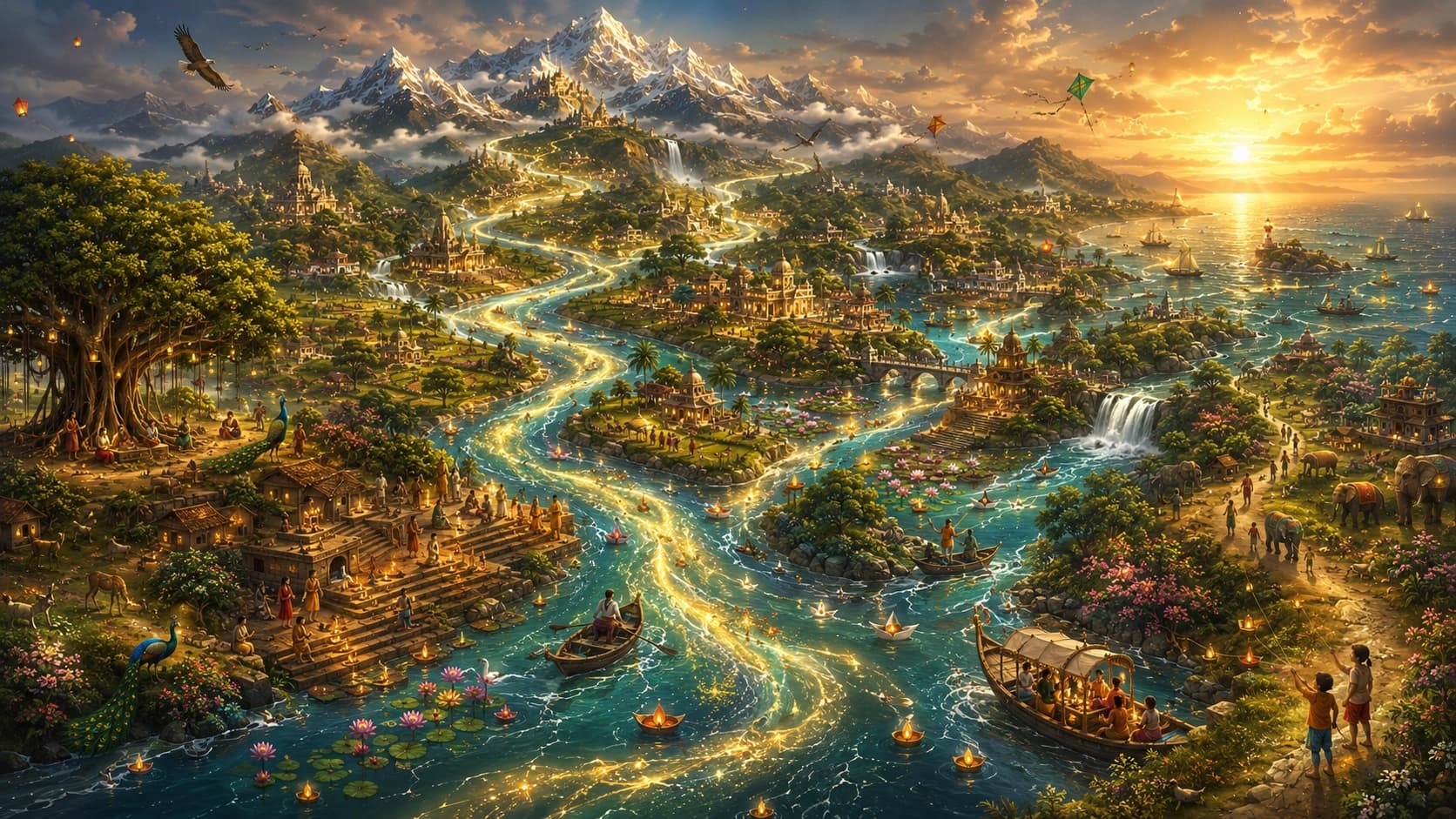 A golden river winds through sacred cities, forests, mountains and ghats.