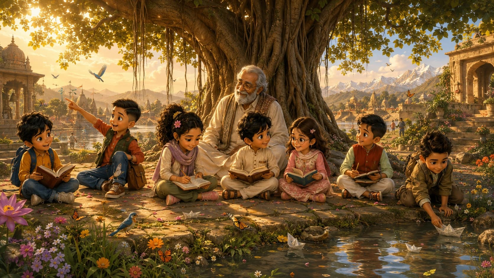 Children and a storyteller gather beneath an ancient banyan tree.