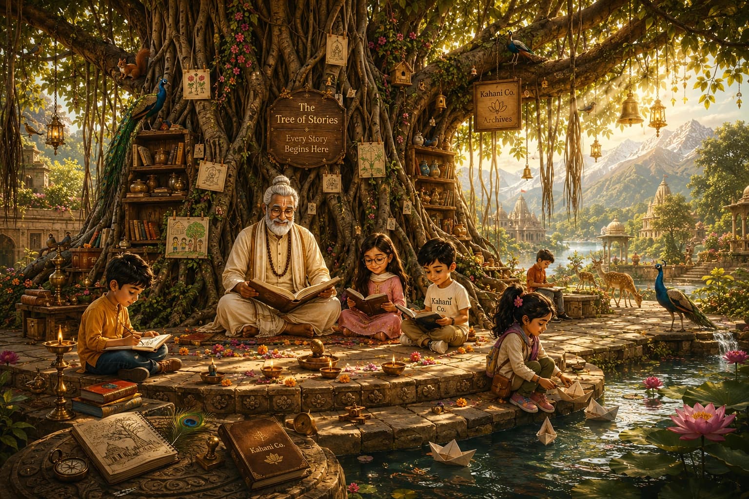 A tree of stories shelters an illuminated archive of books, objects and family discoveries.