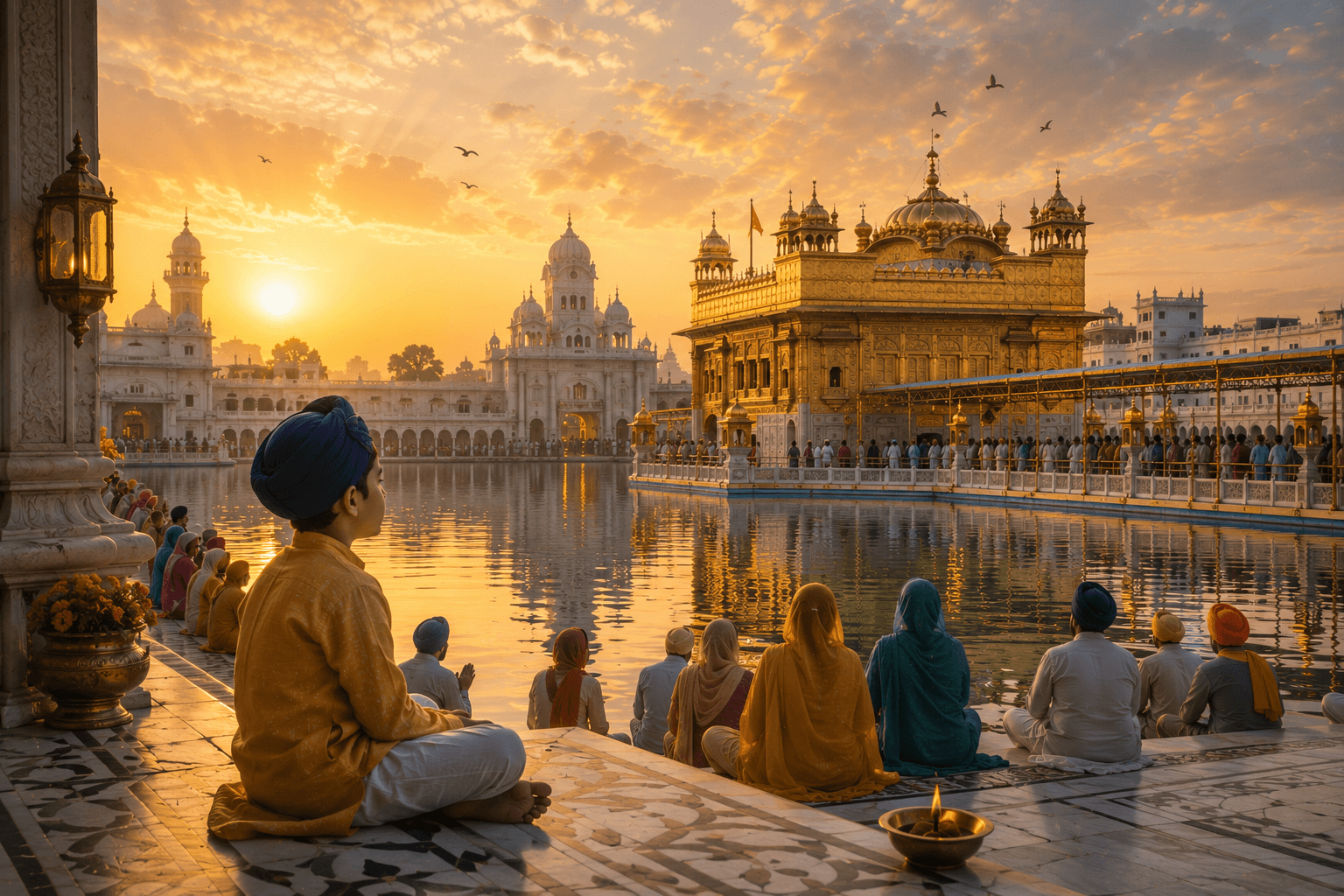 The Harmandir Sahib glows across the Amrit Sarovar in Amritsar's early light.