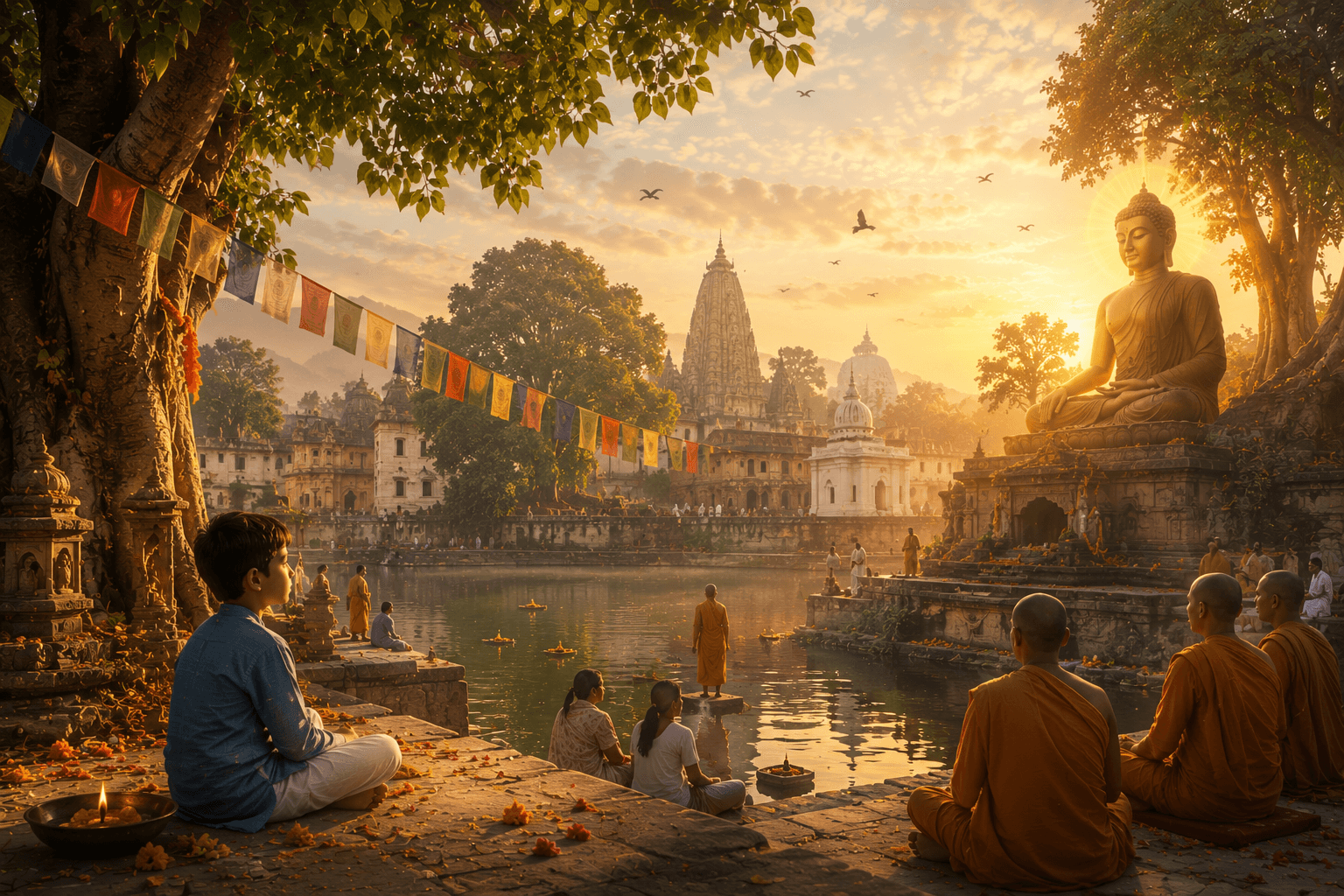 Morning light reaches the sacred landscape of Gaya, where a young explorer pauses beside the water.