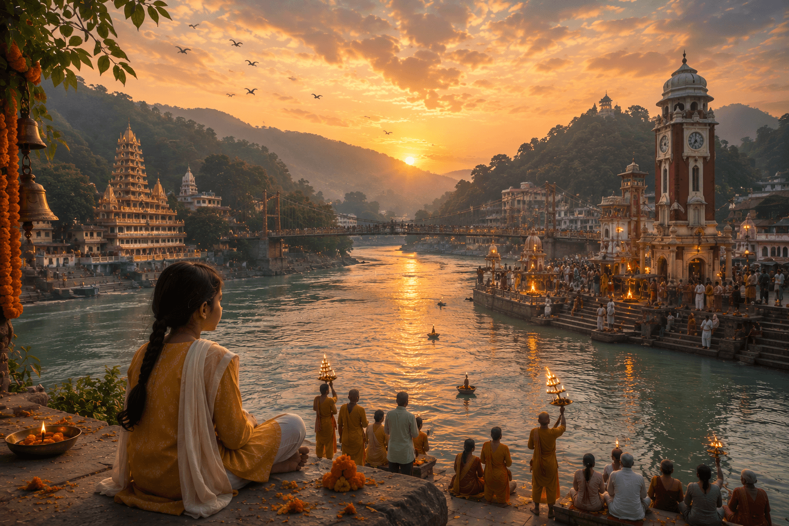 The Ganga flows between Rishikesh and Haridwar in the early morning light.
