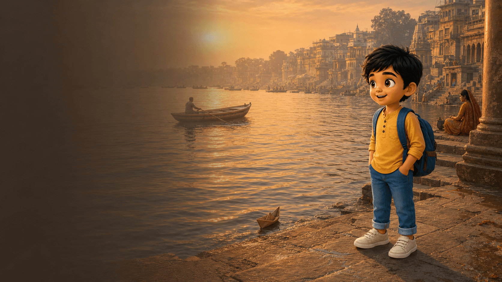 Aarav pauses beside the Ganga at Varanasi in the early morning, watching a boat cross the river.
