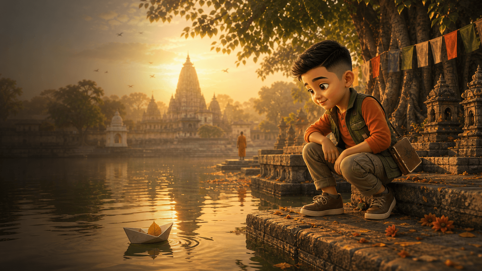 Chirag pauses beside still water in Gaya at morning, noticing a small paper boat carrying a fallen leaf.