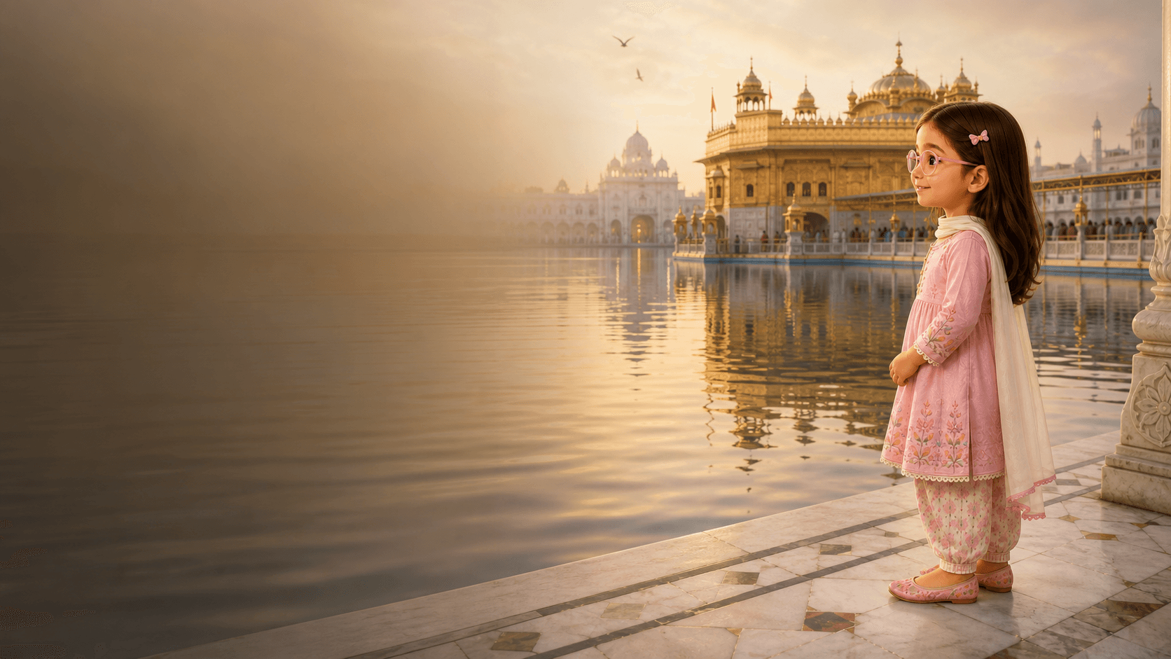 Diya stands beside the Amrit Sarovar at early morning, looking toward the Harmandir Sahib and its reflection on the water.