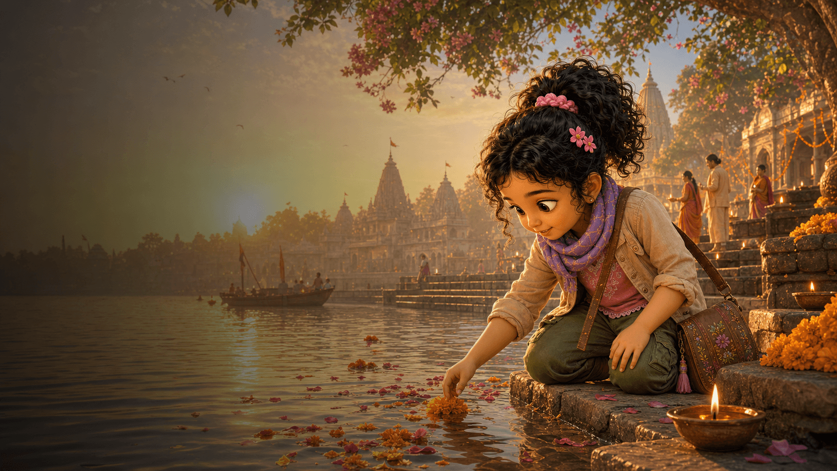 Sachi pauses beside the Ayodhya riverfront at morning, gently noticing flower petals drifting on the water.