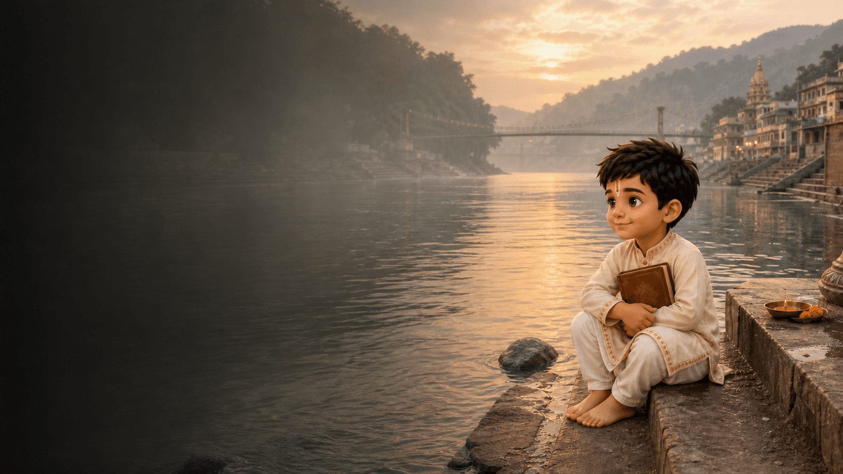 Ved sits barefoot beside the Ganga at early morning, watching the river flow past the foothills.